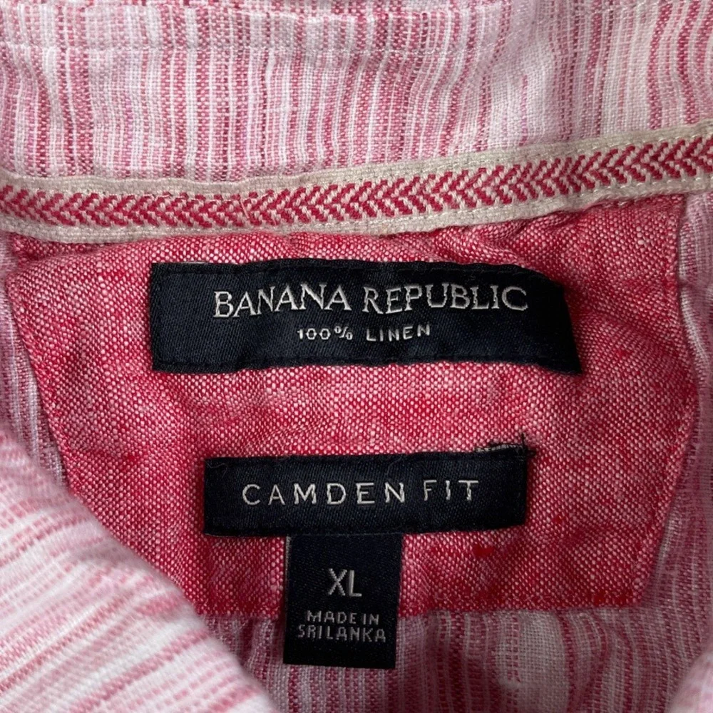 Banana Republic Shirt Mens XL Pink‎ Stripes Linen Camden Fit Short Sleeve